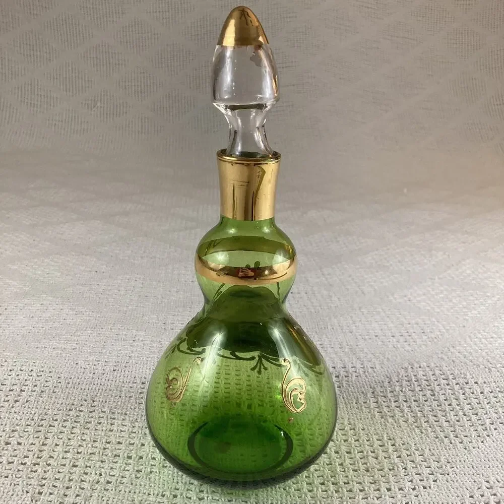 Venetian Italian Decanter Vintage Green and Gold Floral Stopper & 2 Shot Glasses